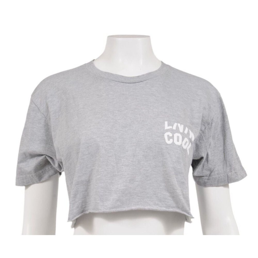Livin Cool Womens Logo Crop Top Size Medium Grey White Cotton T Shirt Raw Hem
